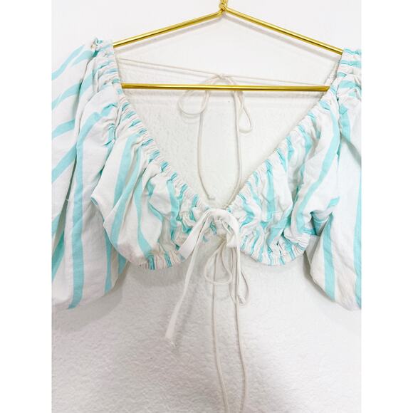 For Love & Lemons Myla Crop Top Size Large Tie Back Striped Puff Sleeve Preppy - Picture 9 of 12